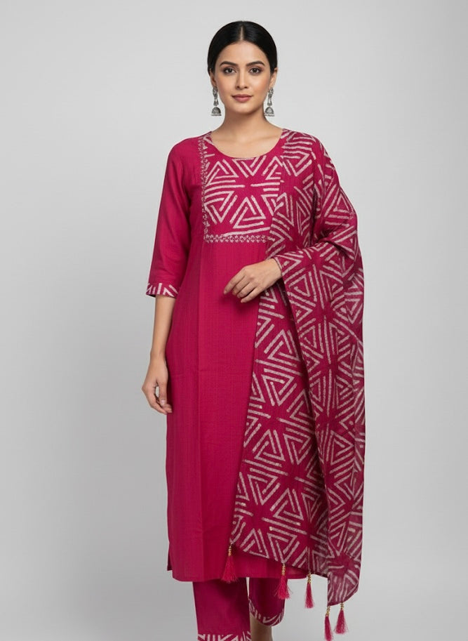 Wine Geometric Print Festive Kurti Set with Dupatta