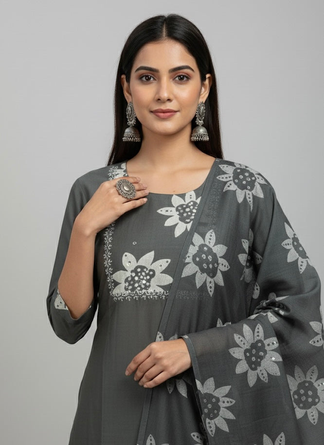 Grey Floral Printed Cotton Kurti Set with Dupatta 🤍