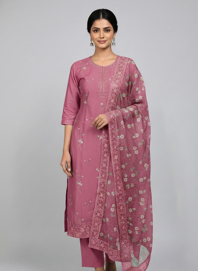 Soft Bloom Embroidered Festive Kurti Set with Dupatta