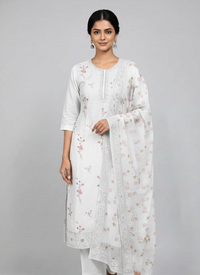 Soft Bloom Embroidered Festive Kurti Set with Dupatta
