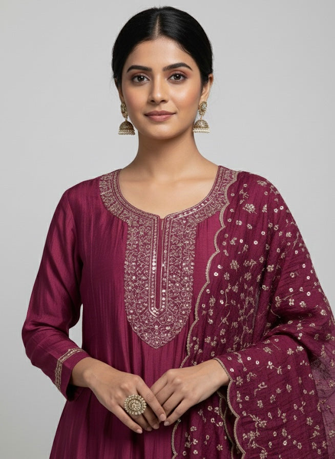 Royal Grace Embroidered Festive Kurti Set with Dupatta