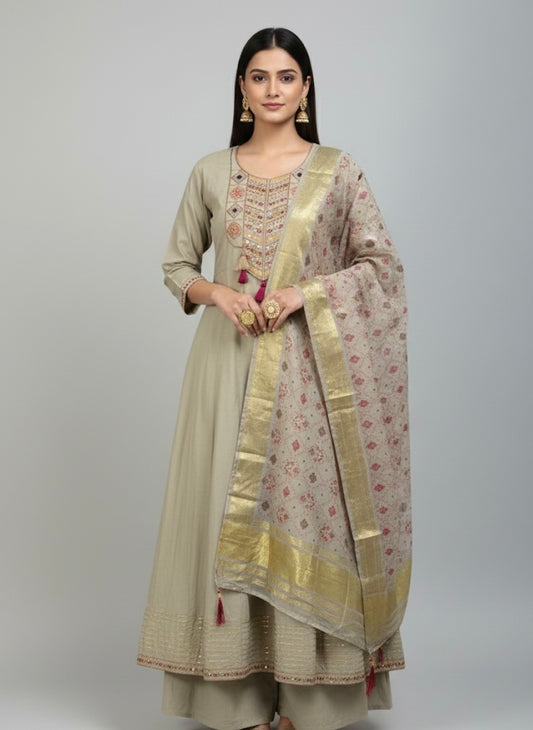 Heritage Charm Embroidered Festive Kurti Set with Zari Dupatta