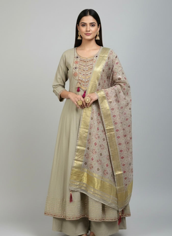 Heritage Charm Embroidered Festive Kurti Set with Zari Dupatta