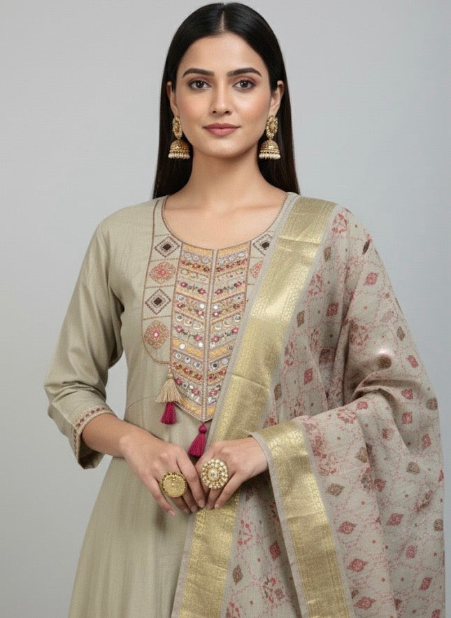 Heritage Charm Embroidered Festive Kurti Set with Zari Dupatta