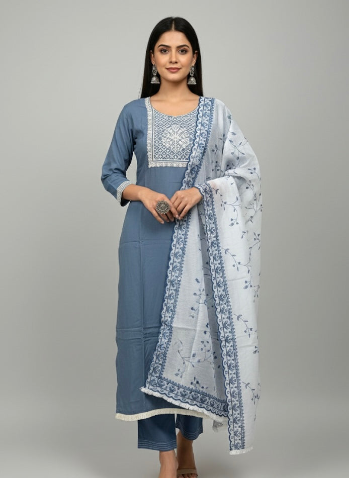 Indigo Bloom Printed Cotton Kurti Set with Dupatta