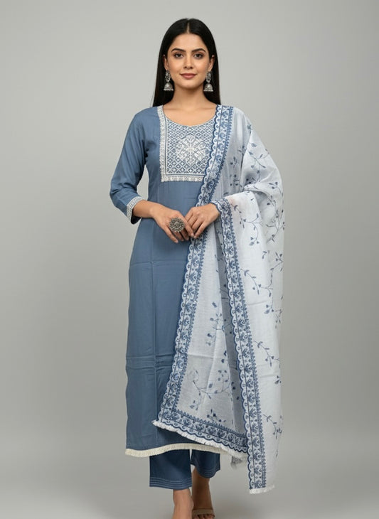 Indigo Bloom Printed Cotton Kurti Set with Dupatta