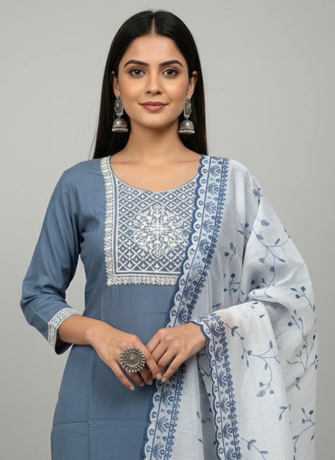 Indigo Bloom Printed Cotton Kurti Set with Dupatta