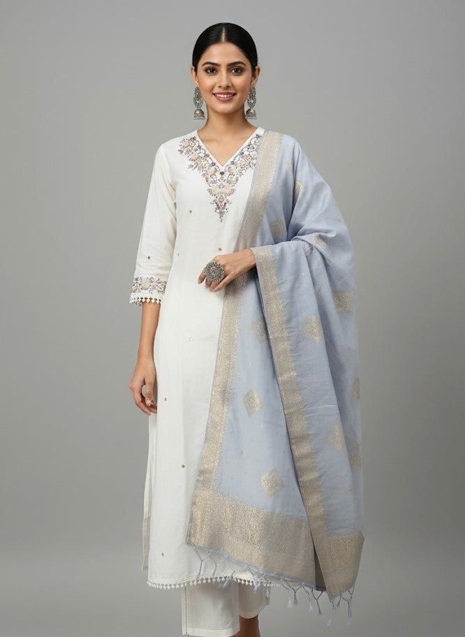Ivory Grace Embroidered Festive Kurti Set with Zari Dupatta
