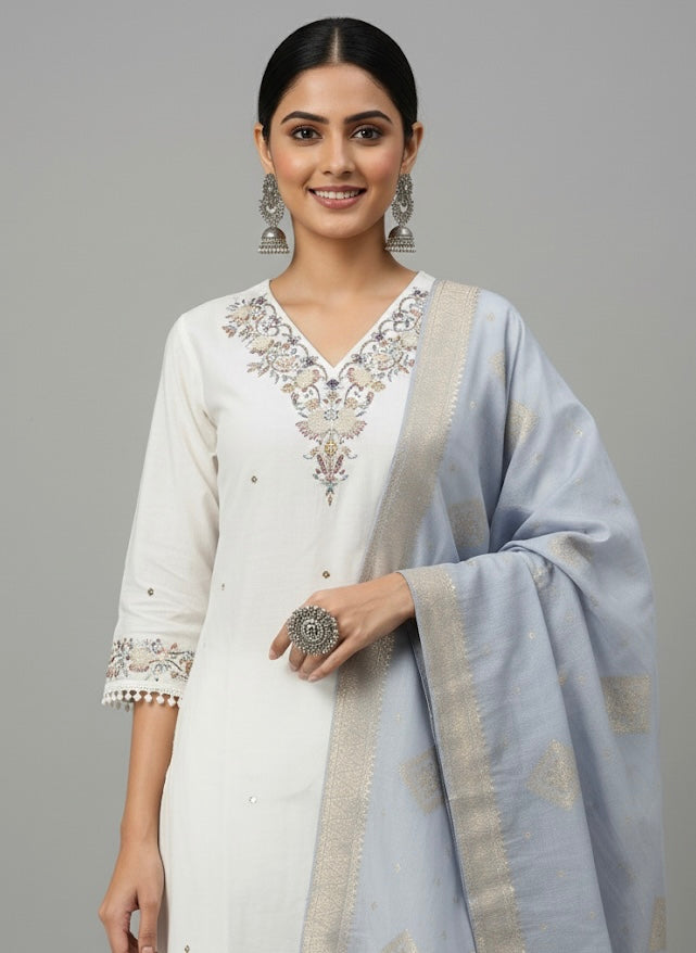 Ivory Grace Embroidered Festive Kurti Set with Zari Dupatta