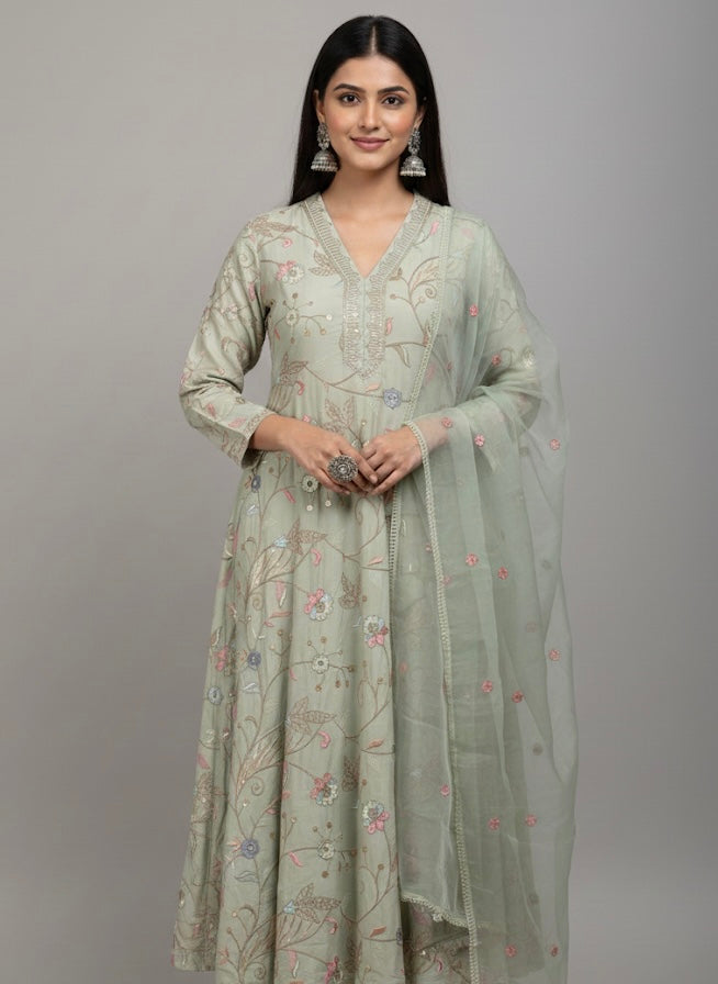 Pastel Garden Embroidered Festive Kurti Set with Dupatta