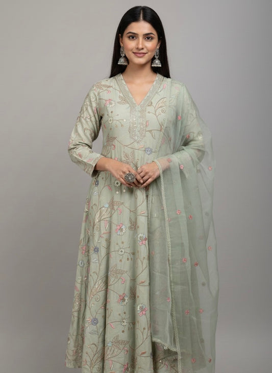 Pastel Garden Embroidered Festive Kurti Set with Dupatta