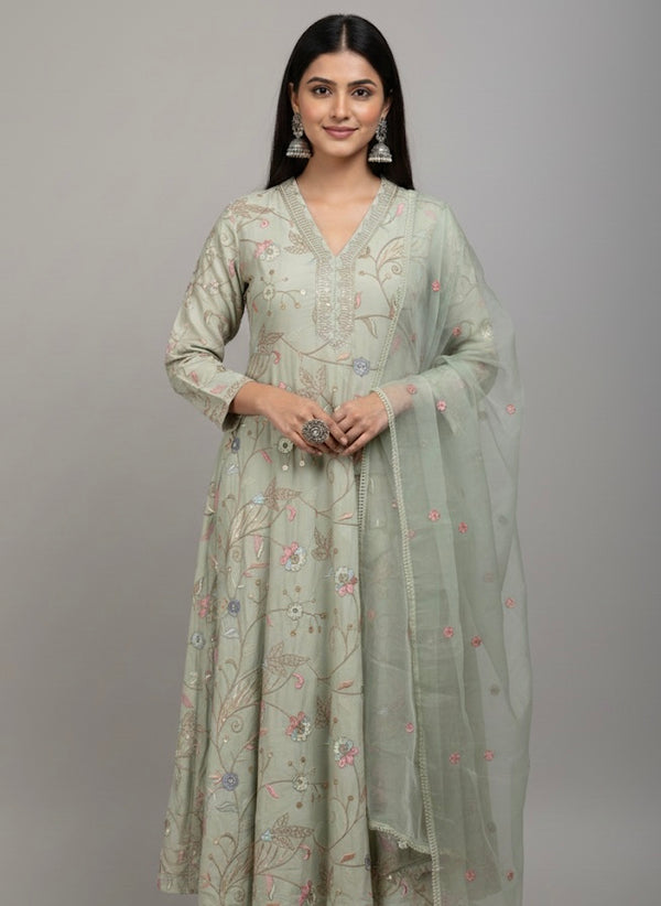 Pastel Garden Embroidered Festive Kurti Set with Dupatta