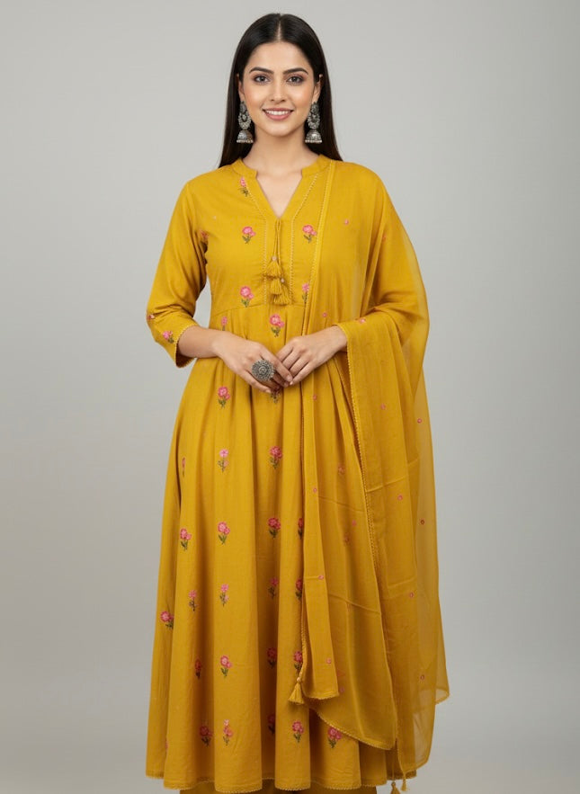 Mustard Bloom Embroidered Festive Kurti Set with Dupatta