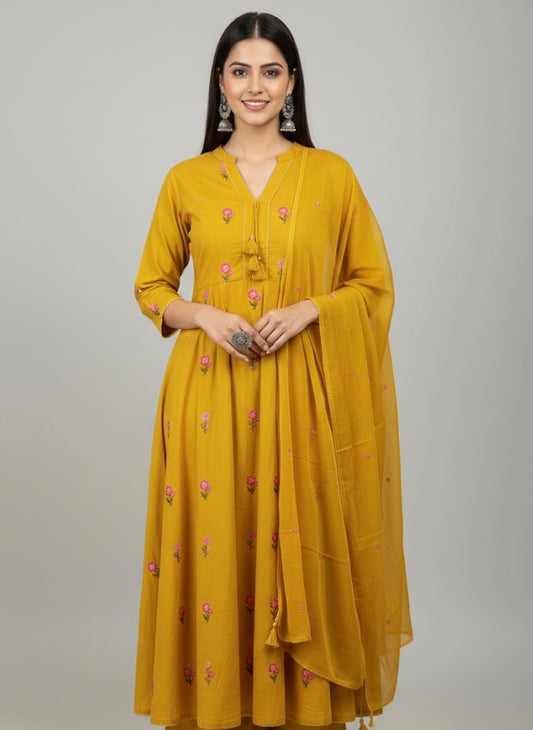 Mustard Bloom Embroidered Festive Kurti Set with Dupatta