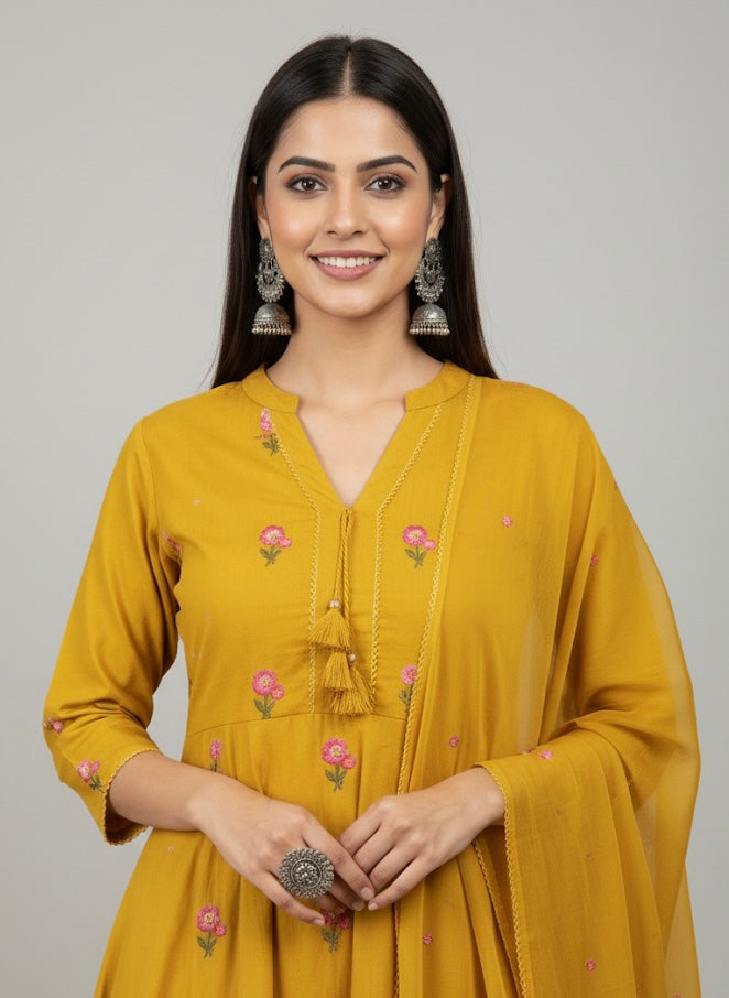 Mustard Bloom Embroidered Festive Kurti Set with Dupatta