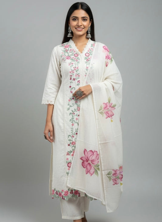 Ivory Rose Embroidered Festive Kurti Set with Floral Dupatta