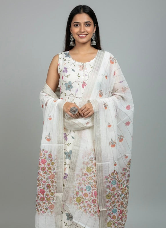 Ivory Floral Printed Cotton Sleeveless Kurti Set with Dupatta
