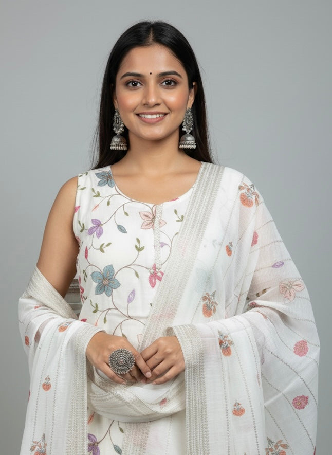 Ivory Floral Printed Cotton Sleeveless Kurti Set with Dupatta