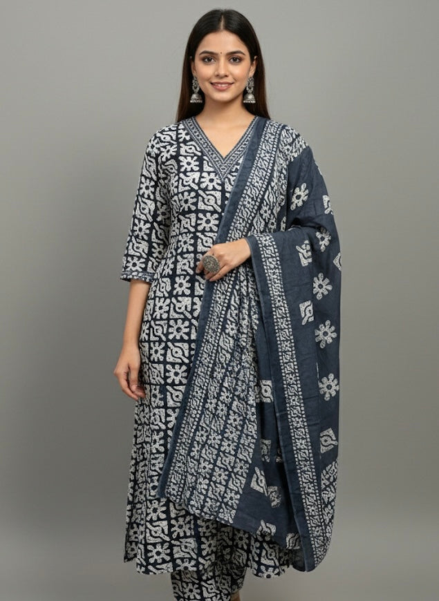 ndigo Block Print Cotton Daily Wear Kurti Set with Dupatta