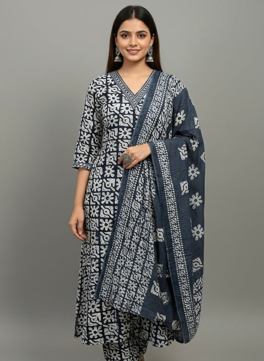 ndigo Block Print Cotton Daily Wear Kurti Set with Dupatta