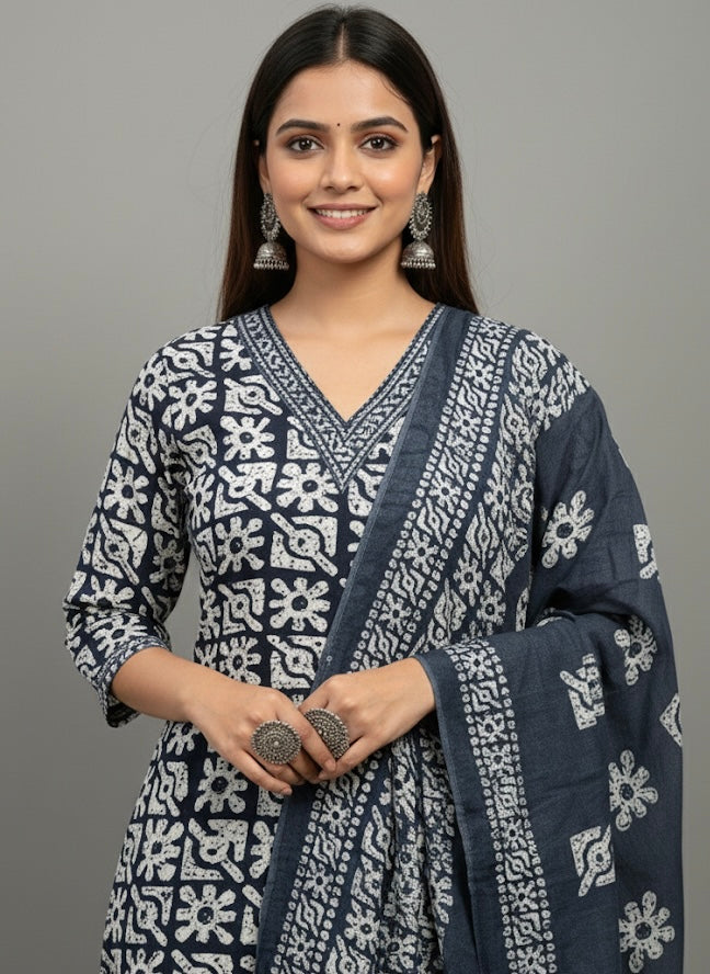 ndigo Block Print Cotton Daily Wear Kurti Set with Dupatta