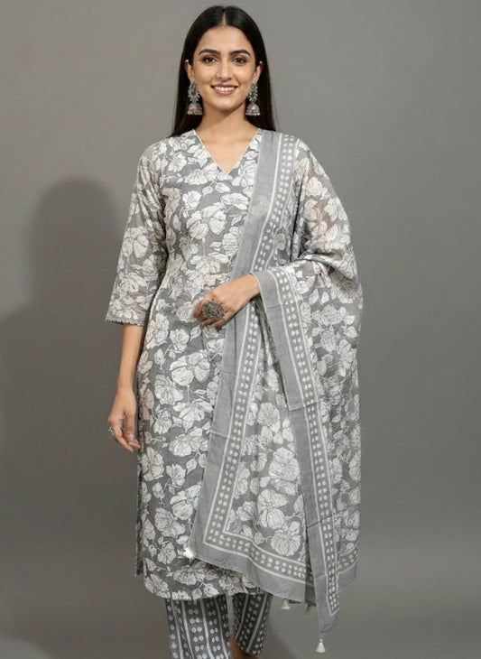 Grey Floral Printed Cotton Daily Wear Kurti Set with Dupatta
