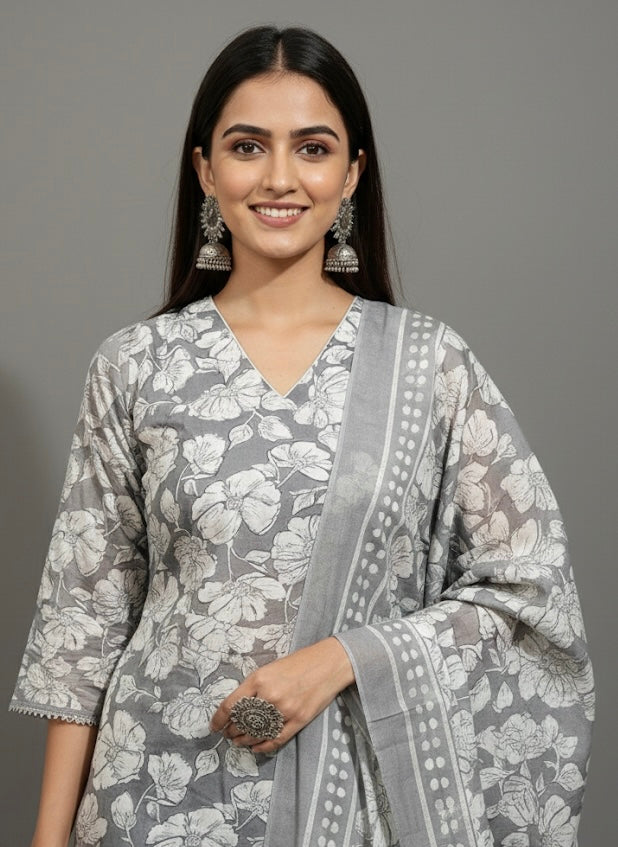 Grey Floral Printed Cotton Daily Wear Kurti Set with Dupatta