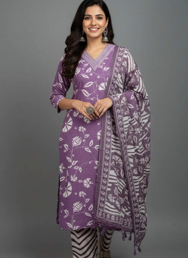 Purple Handblock Style Printed Cotton Daily Wear Kurti Set with Dupatta