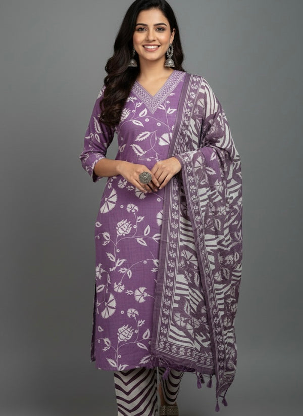 Purple Handblock Style Printed Cotton Daily Wear Kurti Set with Dupatta