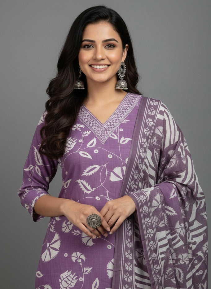 Purple Handblock Style Printed Cotton Daily Wear Kurti Set with Dupatta